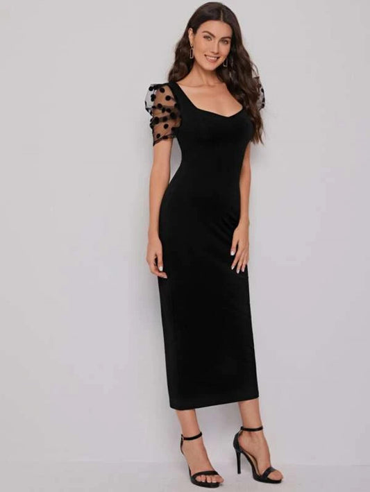 Sweetheart Neck Mesh Puff Sleeve Dress