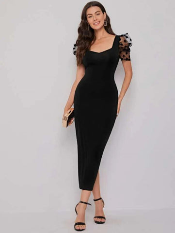 Sweetheart Neck Mesh Puff Sleeve Dress