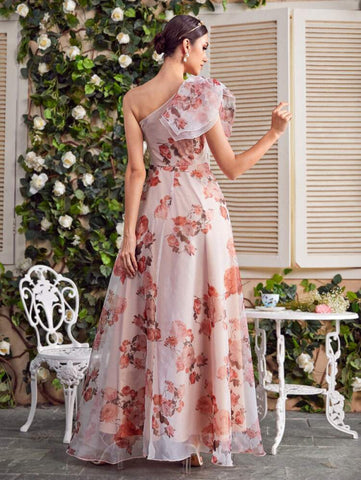 One Shoulder Knot Side Floral Dress