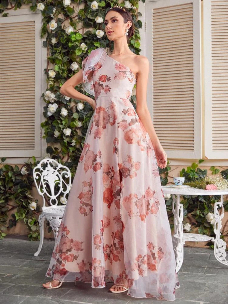 One Shoulder Knot Side Floral Dress