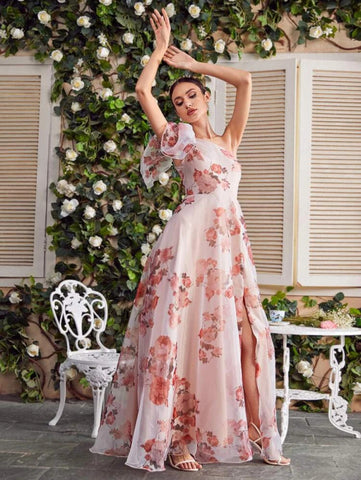 One Shoulder Knot Side Floral Dress