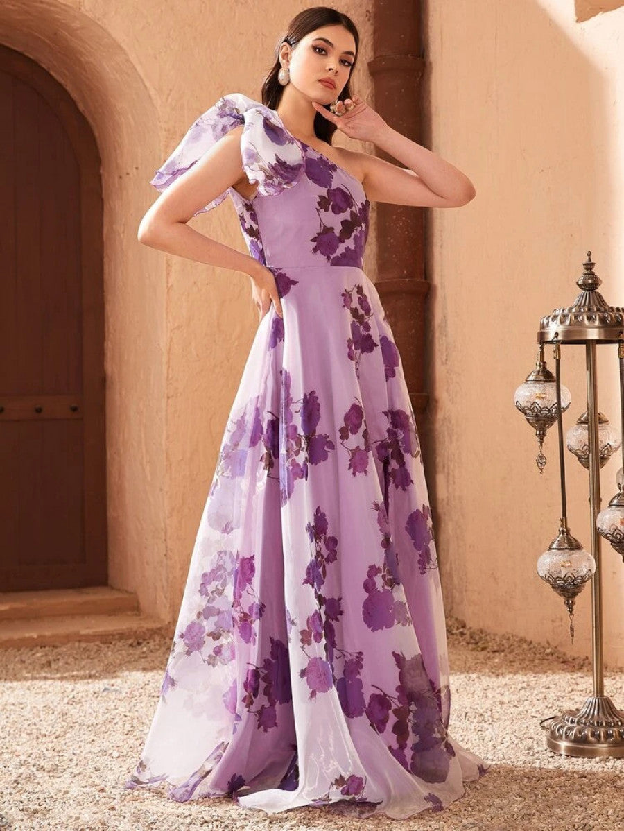 One Shoulder Knot Side Floral Dress