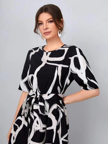 Allover Print Belted Dress