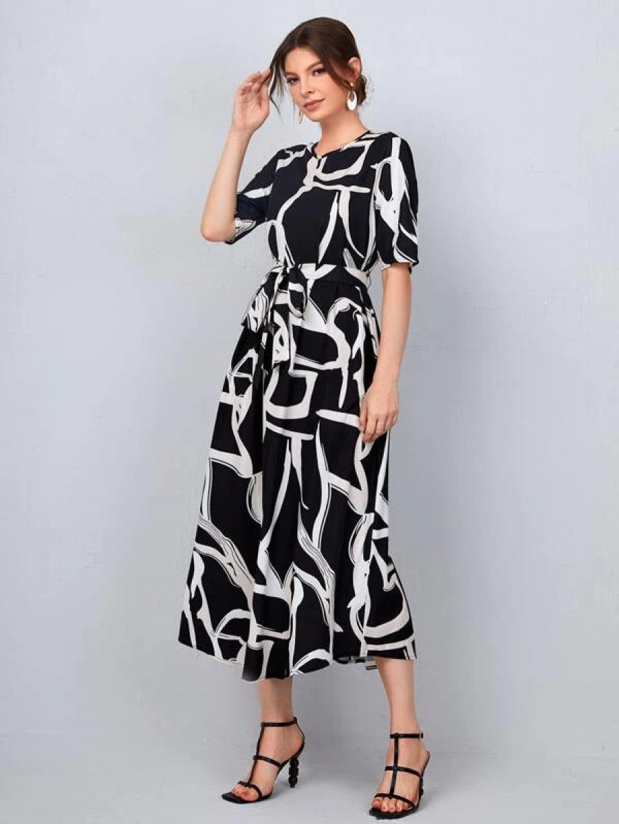 Allover Print Belted Dress