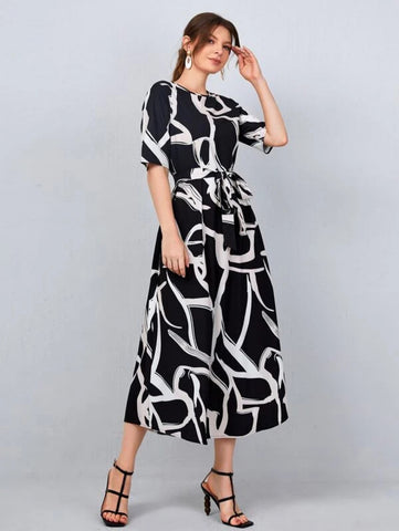 Allover Print Belted Dress