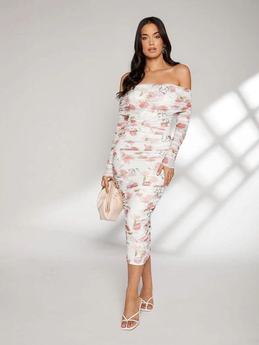 Allover Floral Print Off Shoulder Ruched Dress