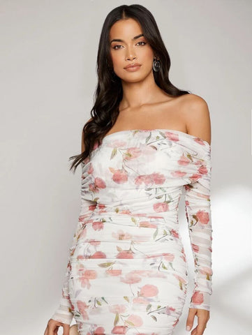 Allover Floral Print Off Shoulder Ruched Dress