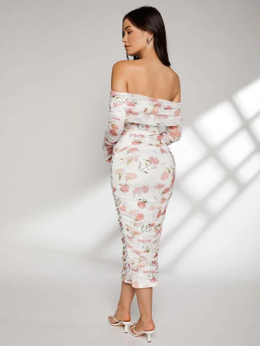 Allover Floral Print Off Shoulder Ruched Dress