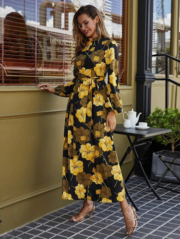 Floral Print Belted Maxi Dress