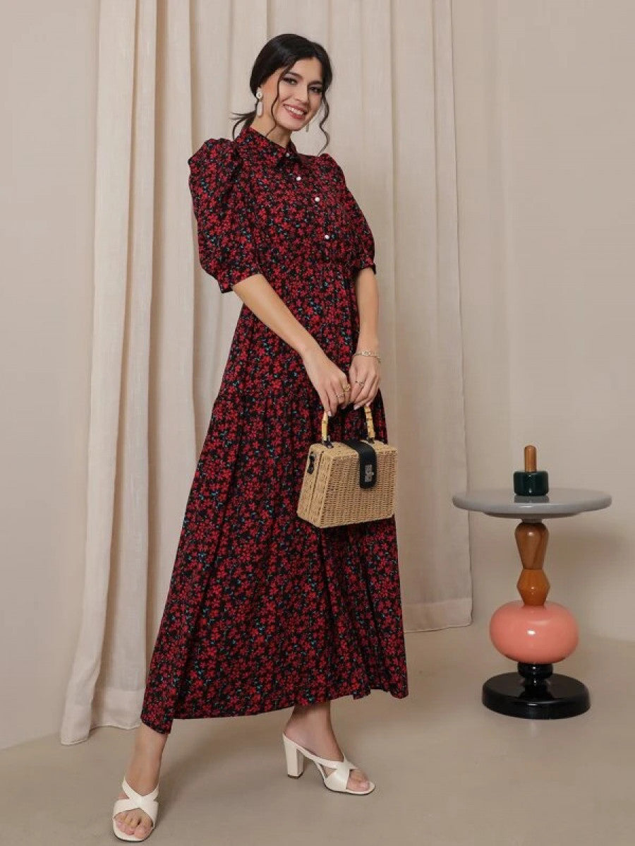 Ditsy Floral Puff Sleeve Shirt Dress