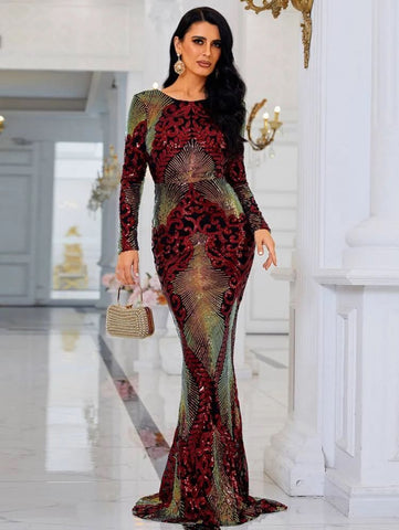 Missord Colorblock Backless Bodycon Sequin Formal Dress