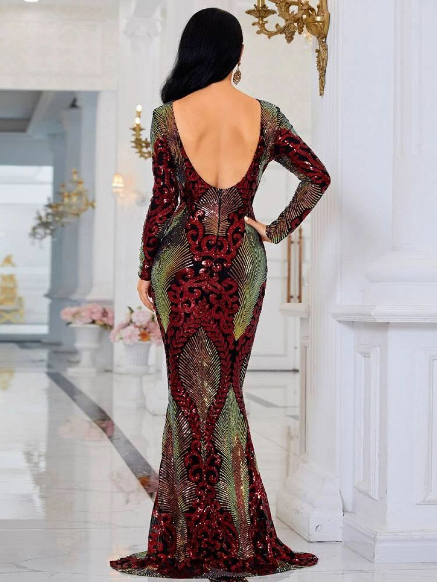 Missord Colorblock Backless Bodycon Sequin Formal Dress