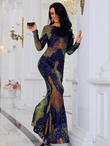 Missord Colorblock Backless Bodycon Sequin Formal Dress