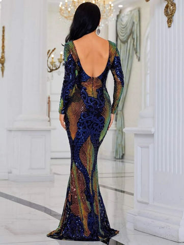 Missord Colorblock Backless Bodycon Sequin Formal Dress