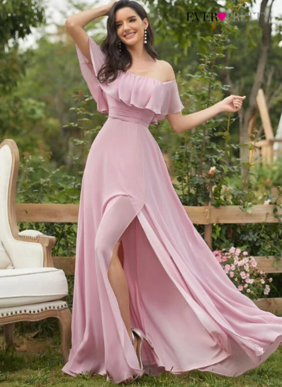 EVER-PRETTY Ruffle Off Shoulder Split Prom Dress