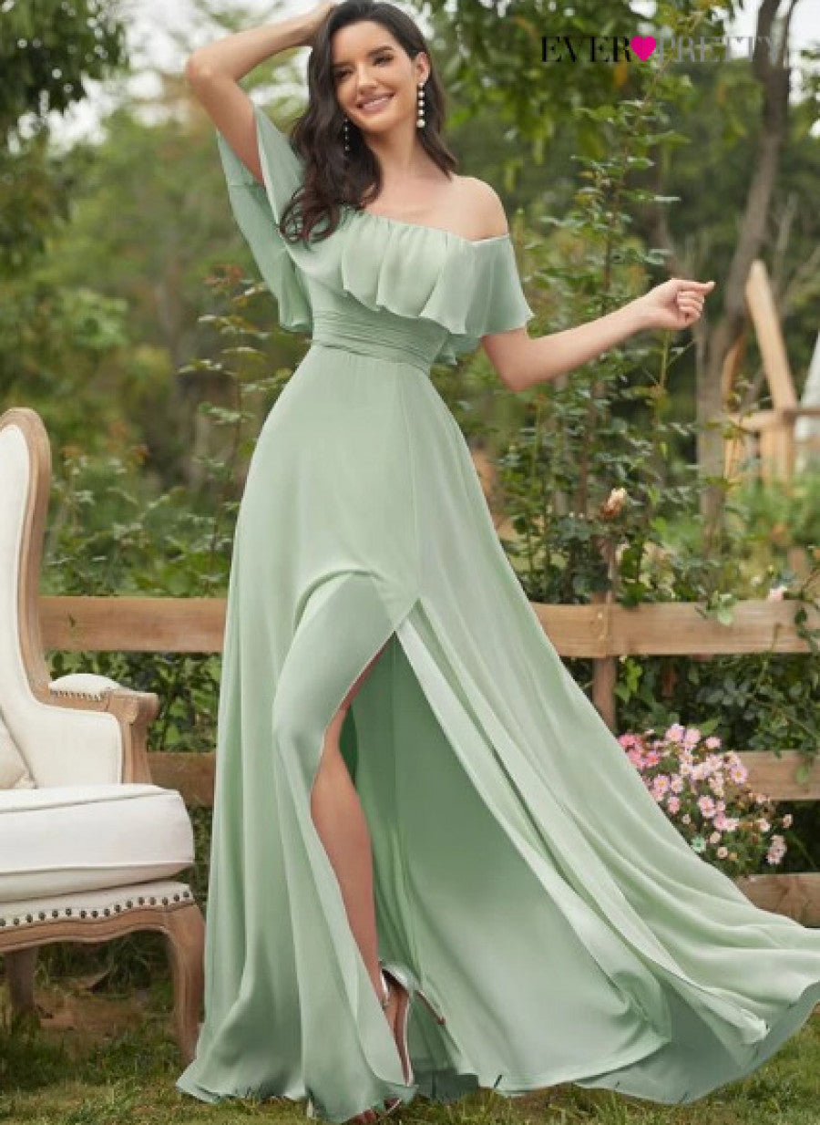 EVER-PRETTY Ruffle Off Shoulder Split Prom Dress