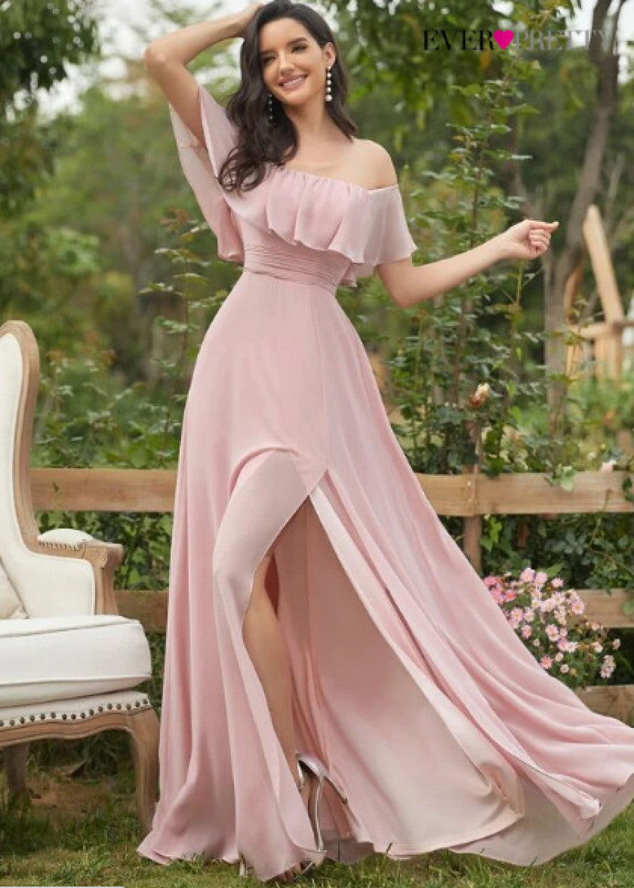 EVER-PRETTY Ruffle Off Shoulder Split Prom Dress