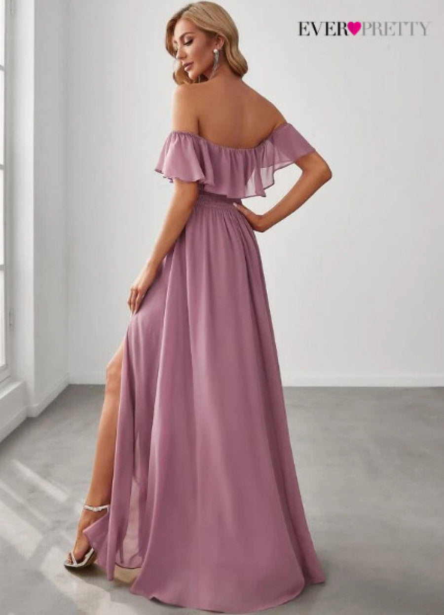 EVER-PRETTY Ruffle Off Shoulder Split Prom Dress