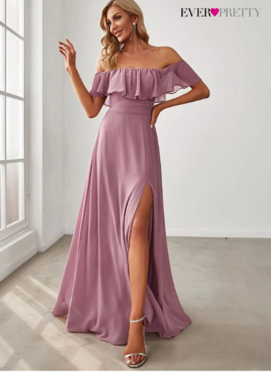 EVER-PRETTY Ruffle Off Shoulder Split Prom Dress