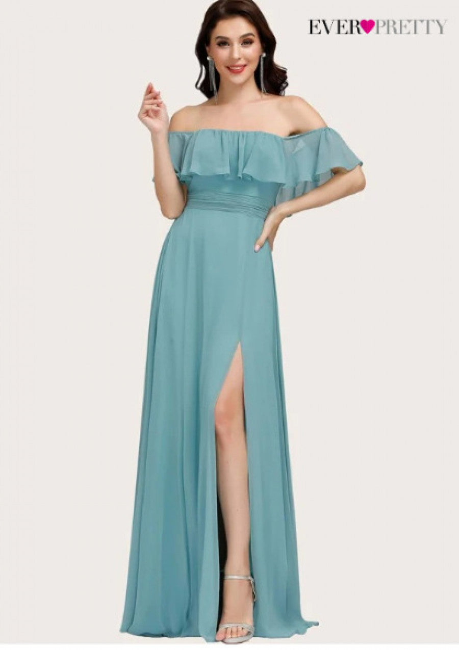 EVER-PRETTY Ruffle Off Shoulder Split Prom Dress