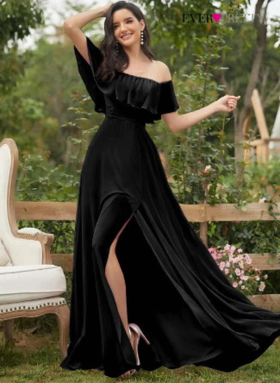 EVER-PRETTY Ruffle Off Shoulder Split Prom Dress