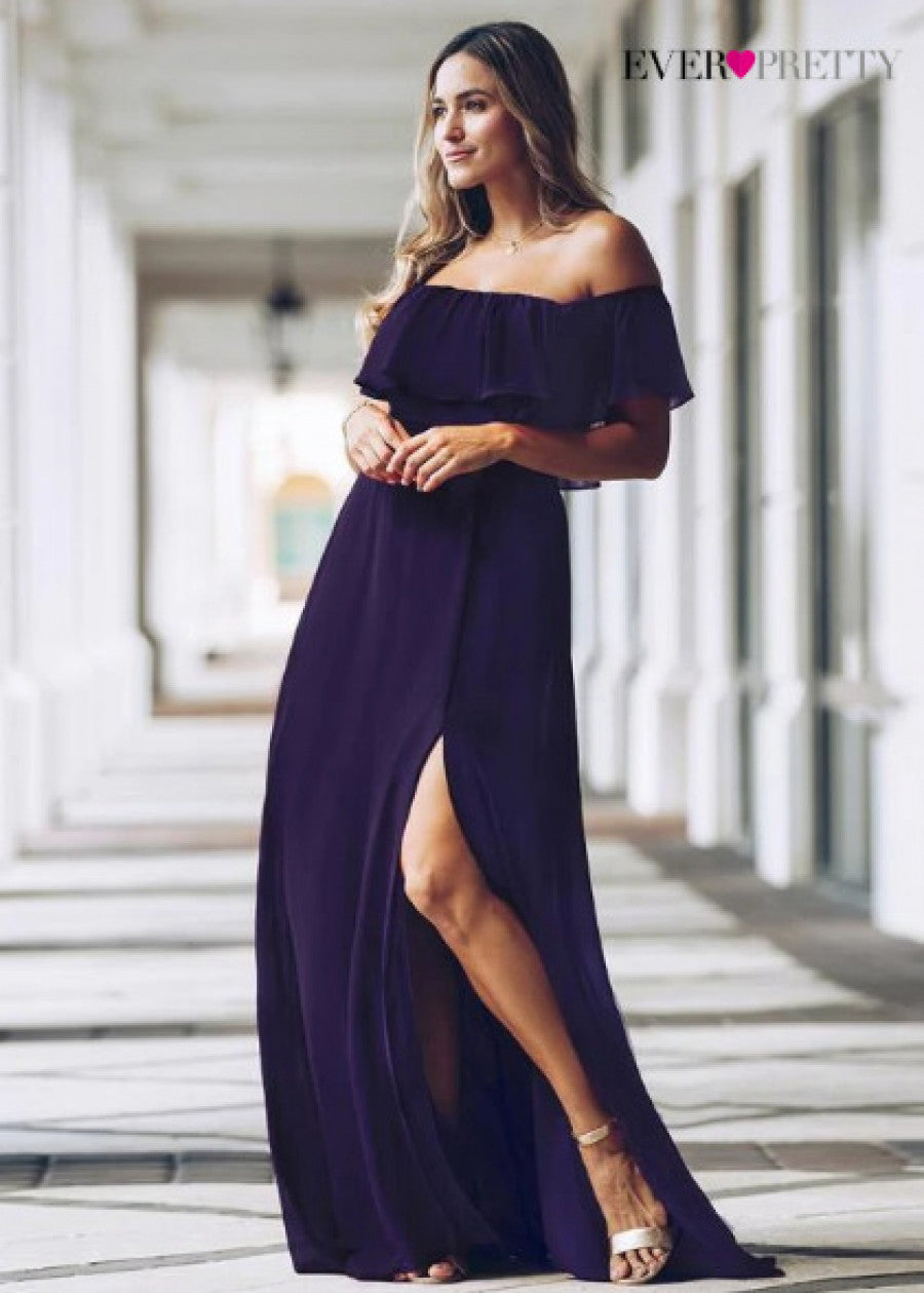 EVER-PRETTY Ruffle Off Shoulder Split Prom Dress