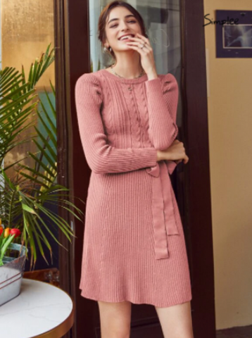 Simplee Solid Belted Sweater Dress