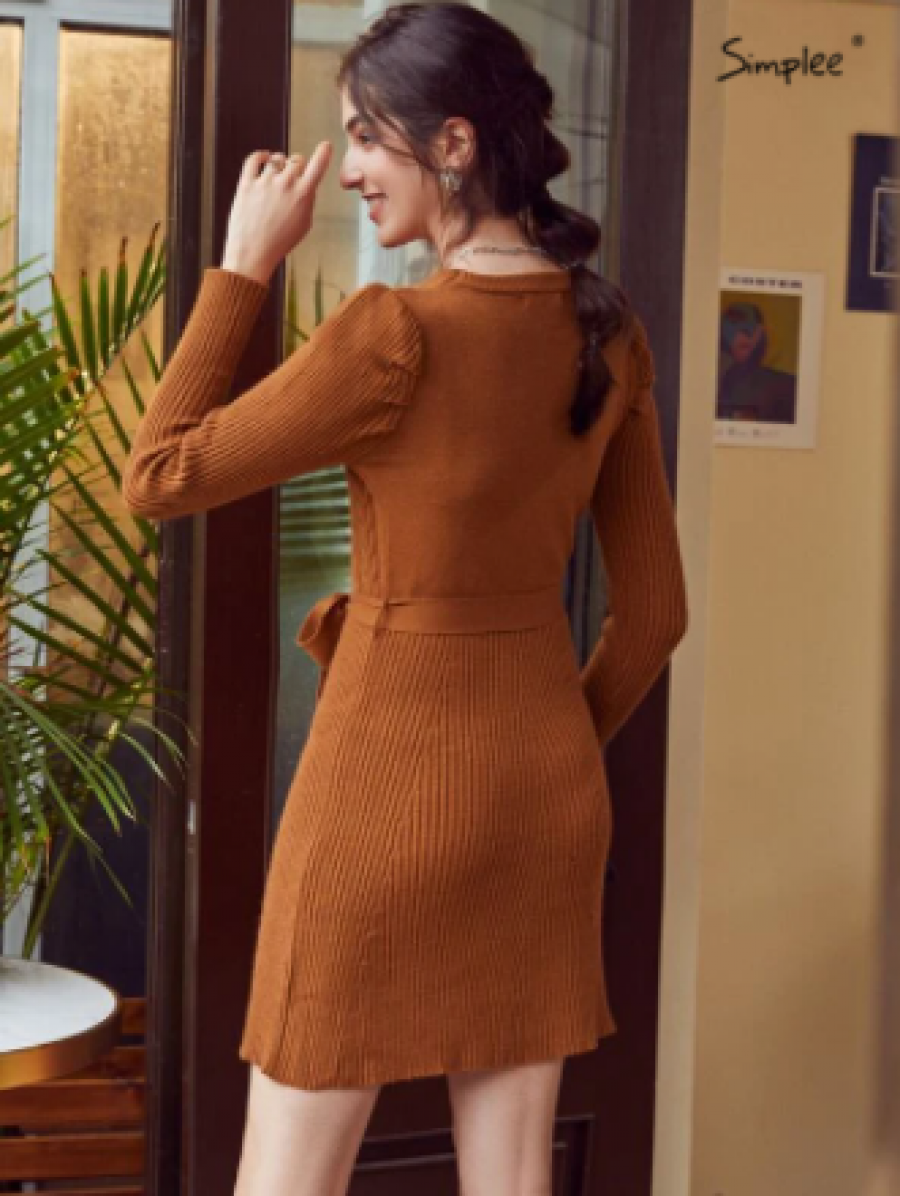 Simplee Solid Belted Sweater Dress