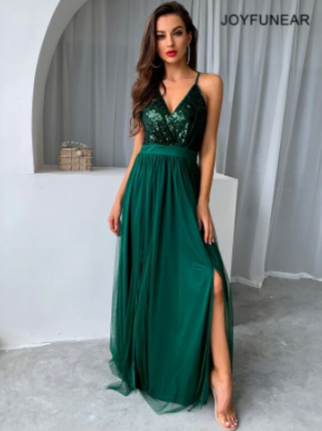 Joyfunear Sequin Bodice Backless Mesh Cami Prom Dress