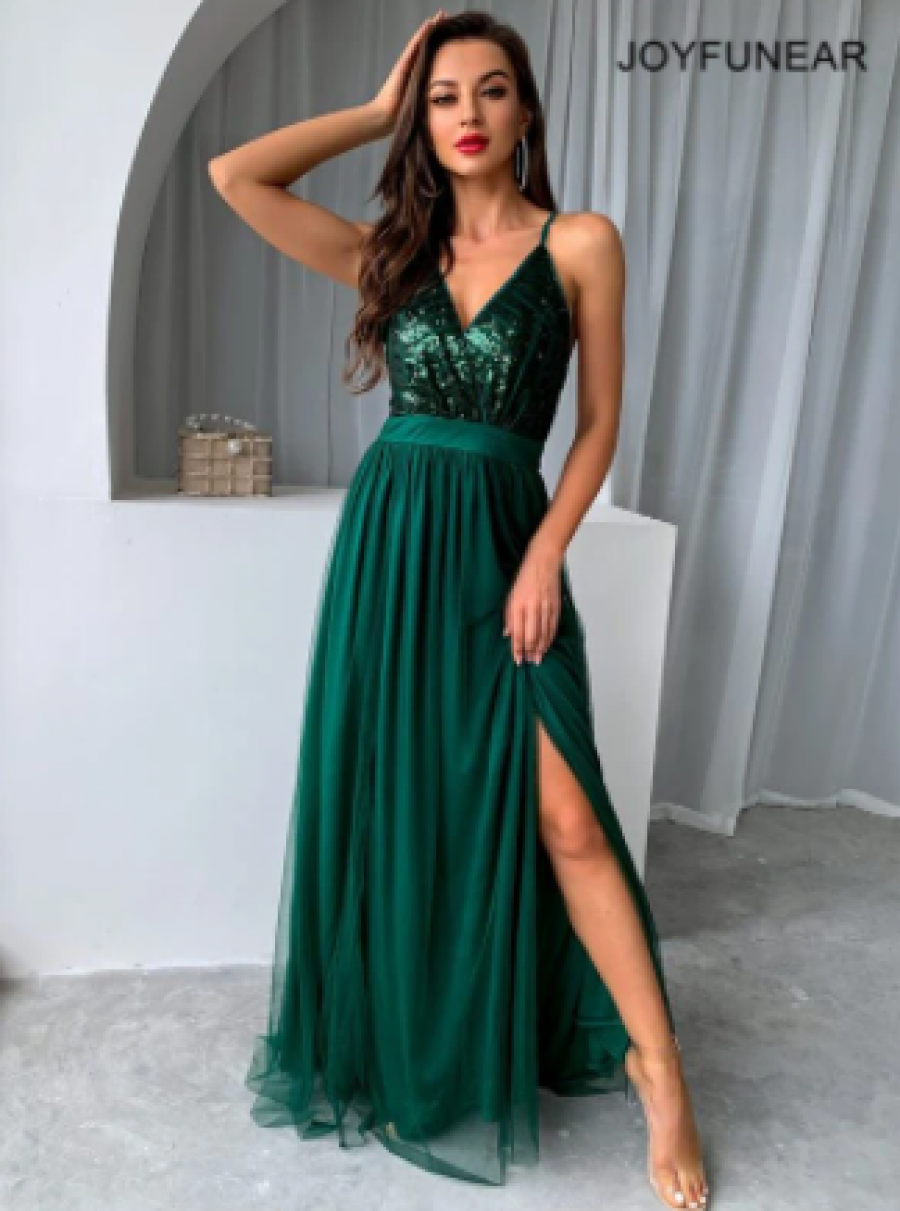 Joyfunear Sequin Bodice Backless Mesh Cami Prom Dress