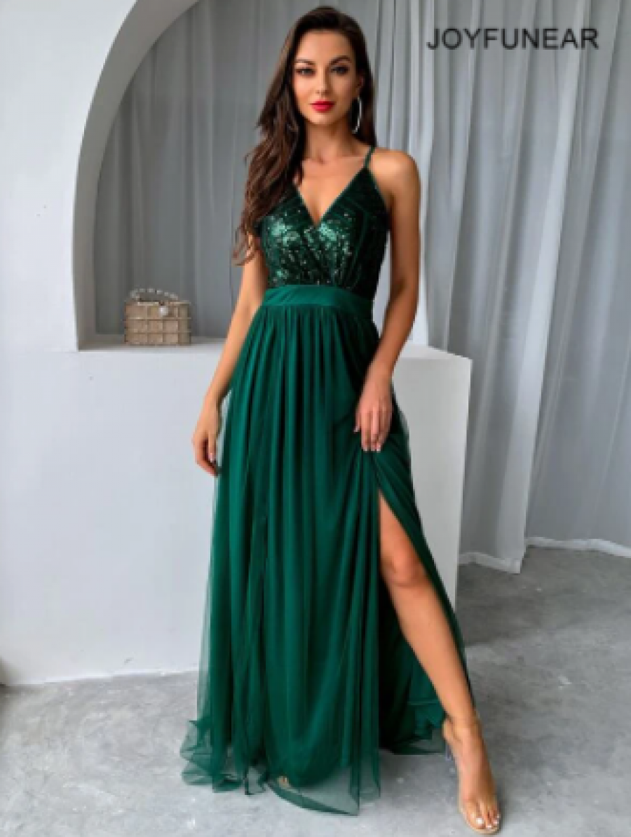 Joyfunear Sequin Bodice Backless Mesh Cami Prom Dress