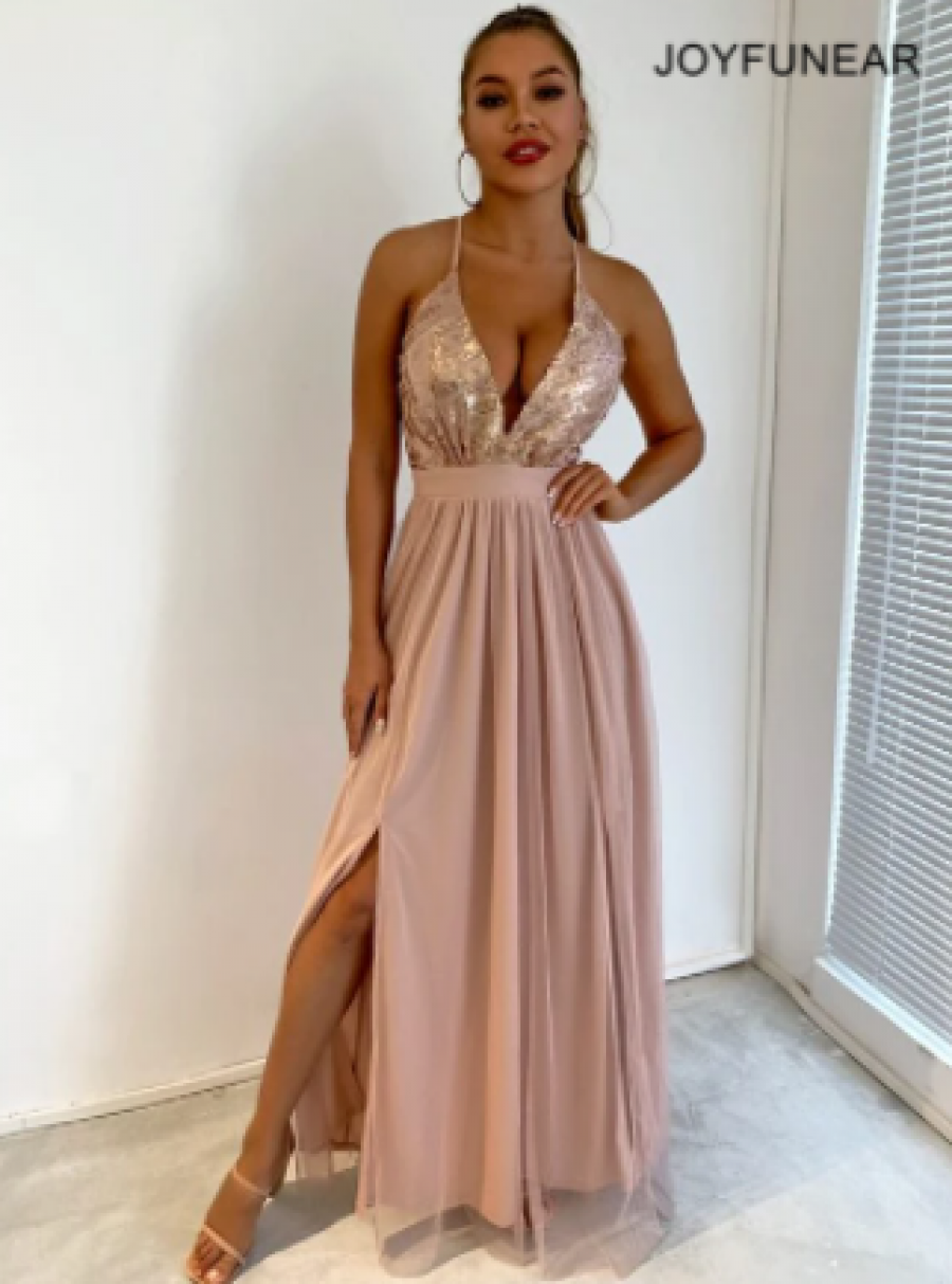 Joyfunear Sequin Bodice Backless Mesh Cami Prom Dress