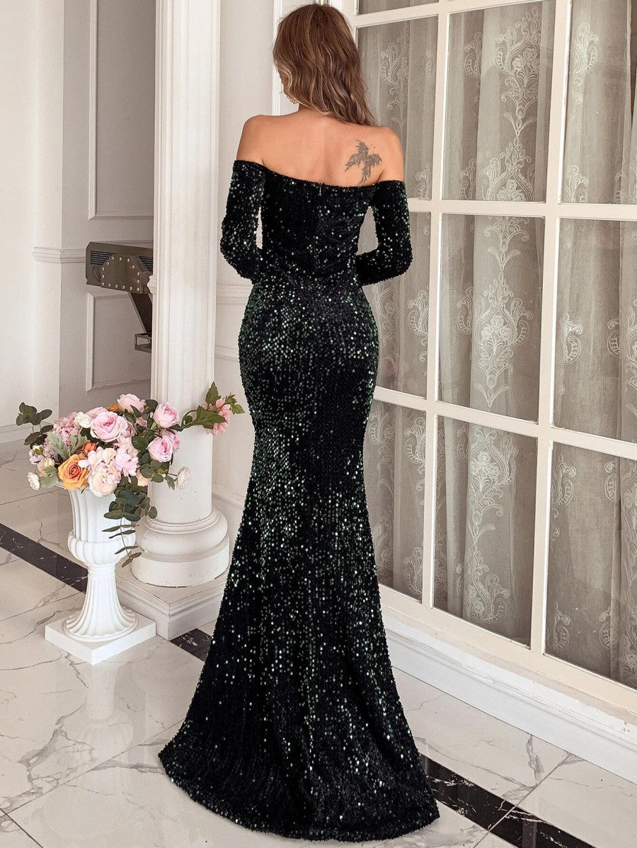 Missord Off Shoulder Mesh Insert Split Thigh Sequin Prom Dress