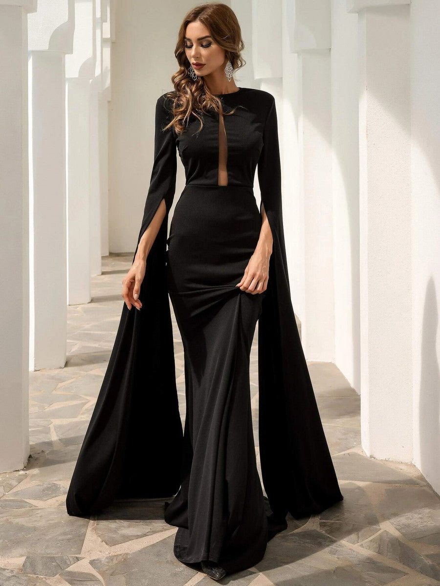 Missord Split Sleeve Mesh Insert Maxi Prom Dress