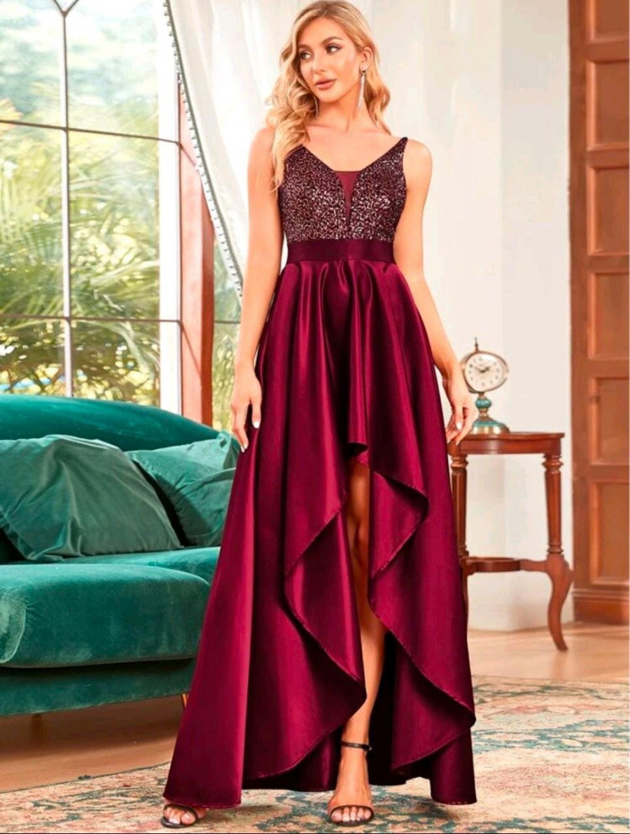 EVER-PRETTY Glitter Bodice High Low Satin Prom Dress