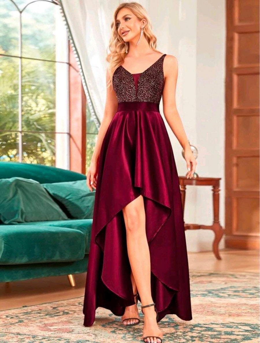 EVER-PRETTY Glitter Bodice High Low Satin Prom Dress