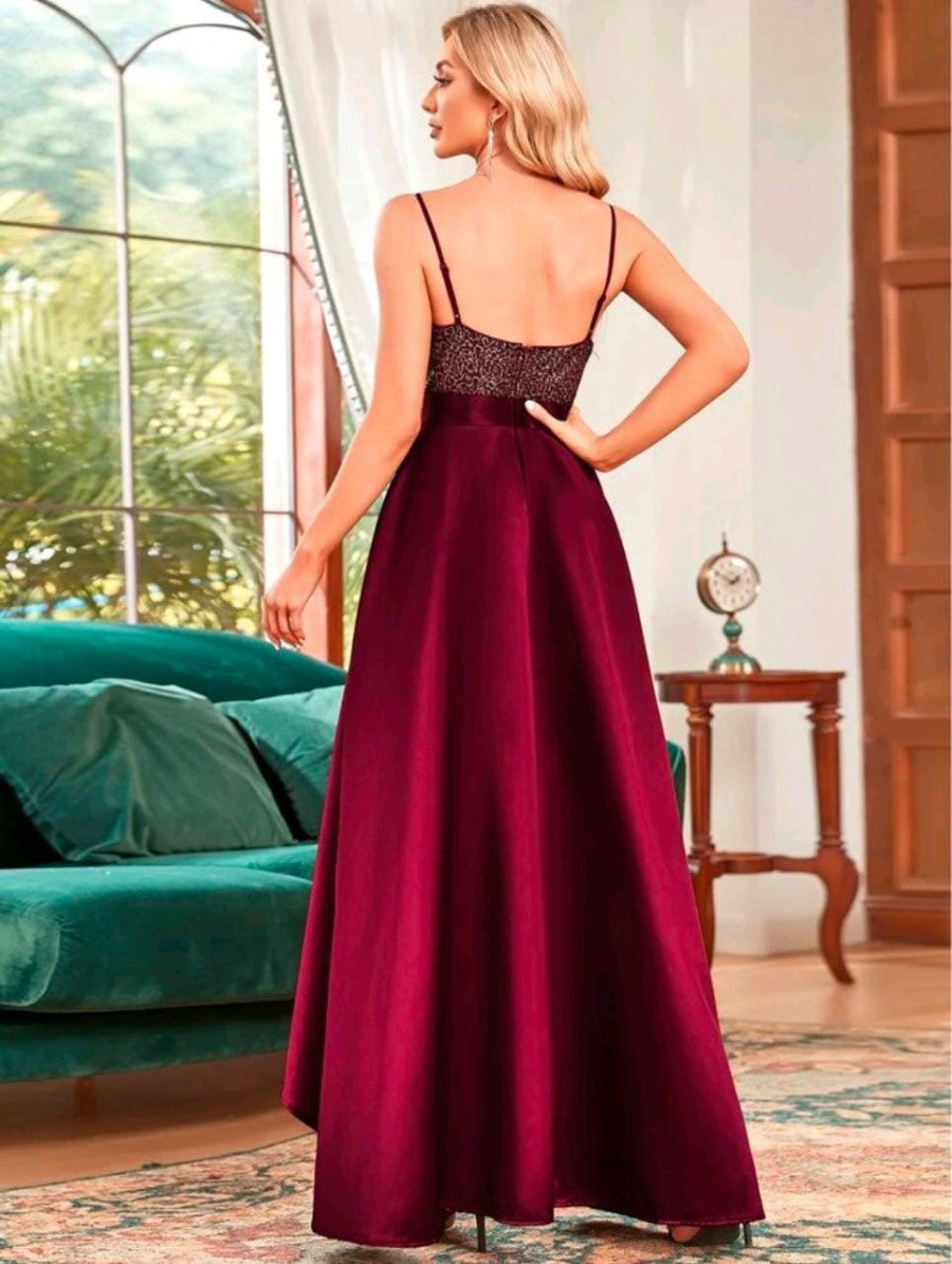 EVER-PRETTY Glitter Bodice High Low Satin Prom Dress