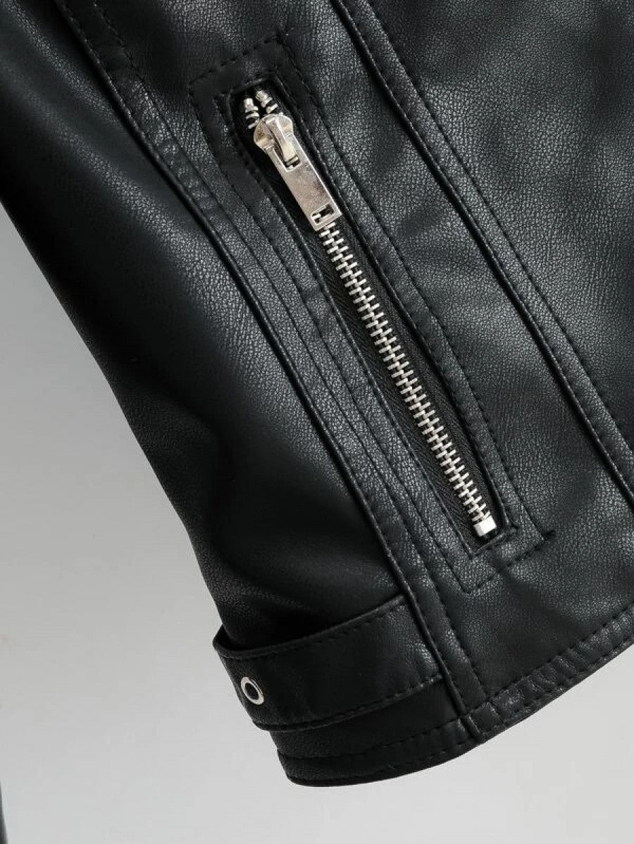 Zip Up PU Leather Moto Jacket