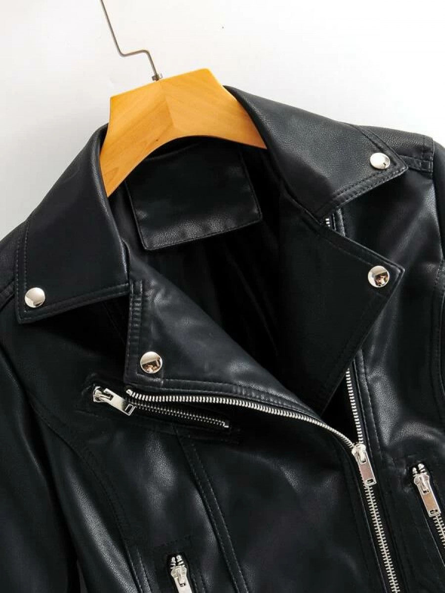 Zip Up PU Leather Moto Jacket