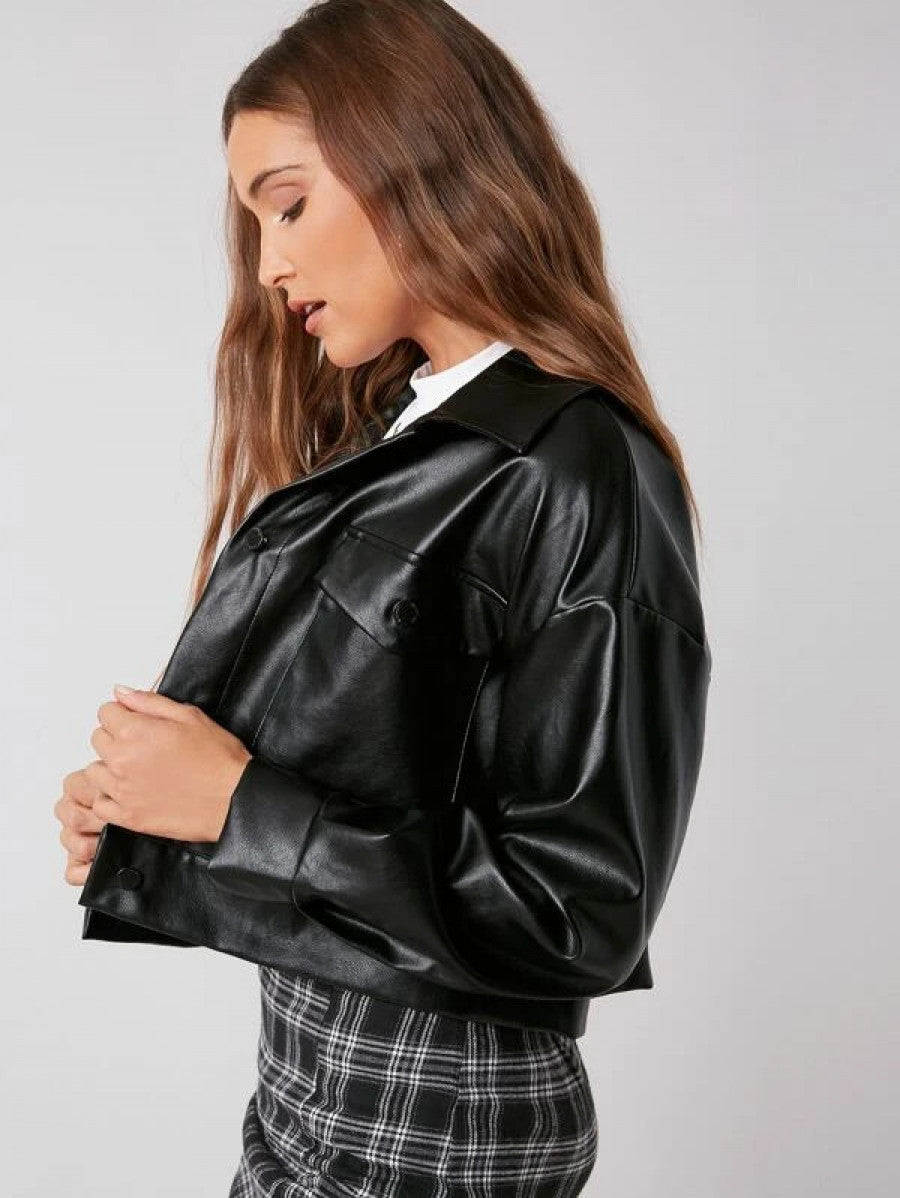 Button Front PU Leather Jacket