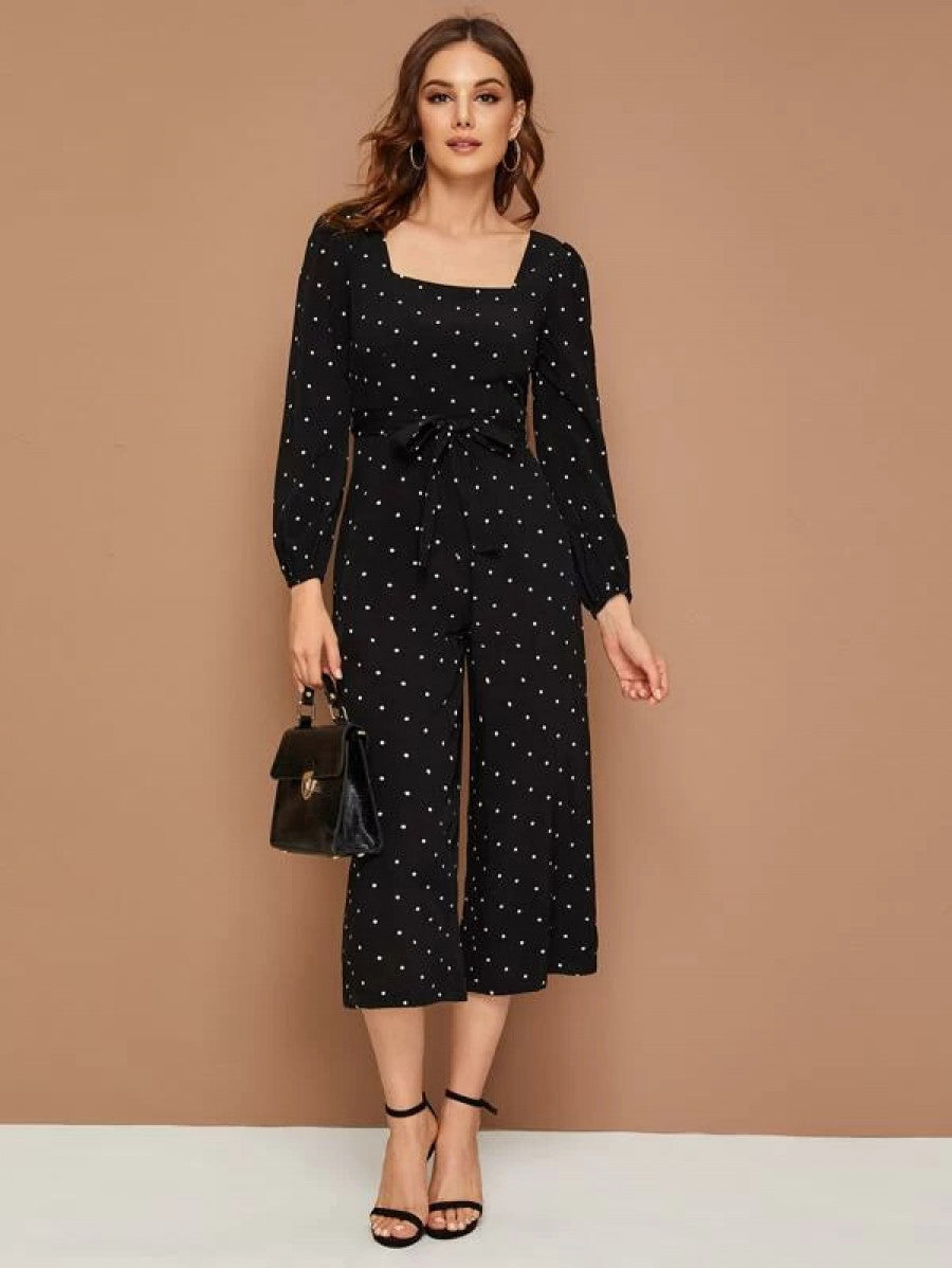 Square Neck Polka Dot Belted Culotte Jumpsuit