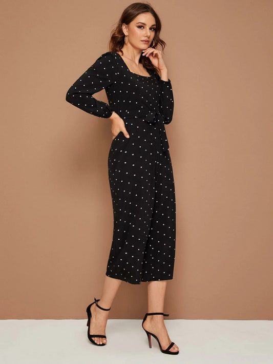 Square Neck Polka Dot Belted Culotte Jumpsuit