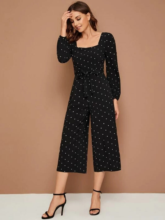 Square Neck Polka Dot Belted Culotte Jumpsuit