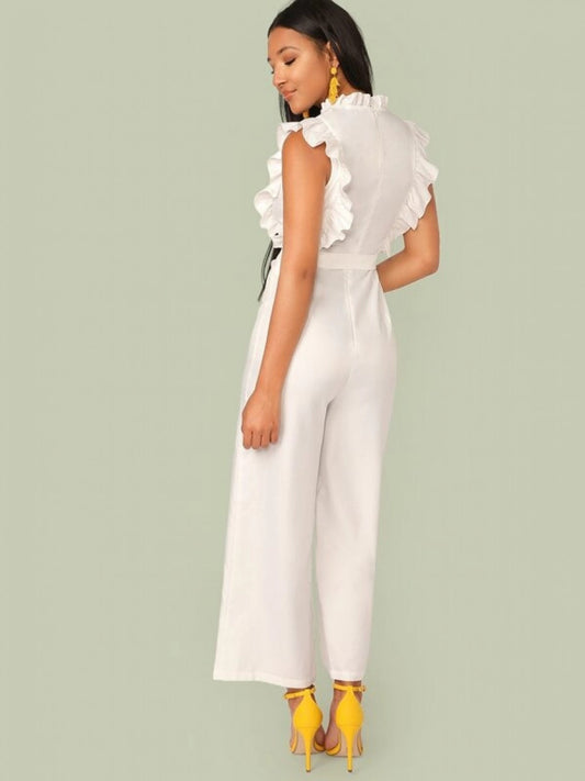 Mock Neck Ruffle Trim Embroidery Belted Palazzo Jumpsuit