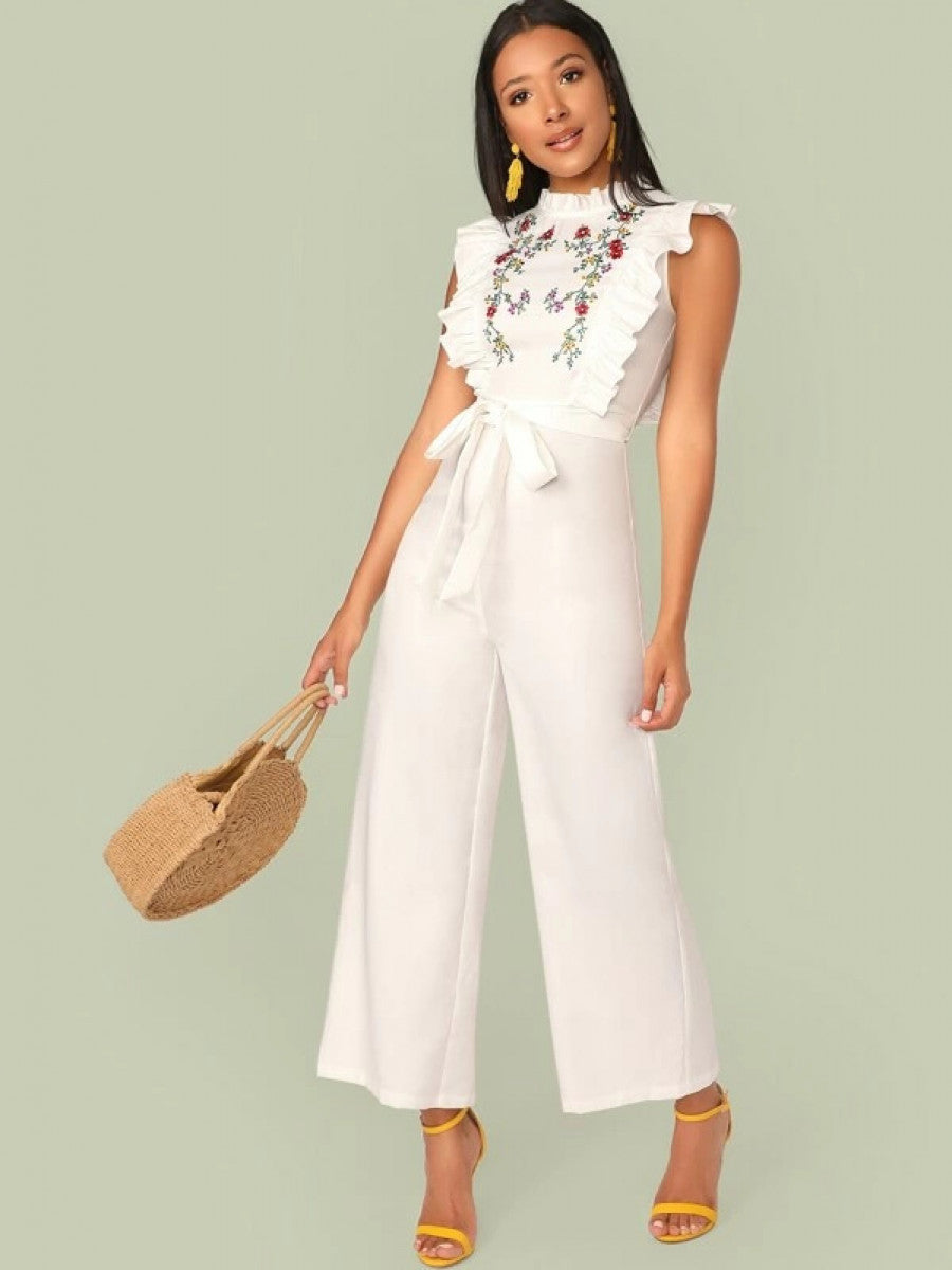 Mock Neck Ruffle Trim Embroidery Belted Palazzo Jumpsuit