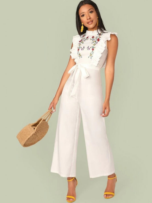 Mock Neck Ruffle Trim Embroidery Belted Palazzo Jumpsuit