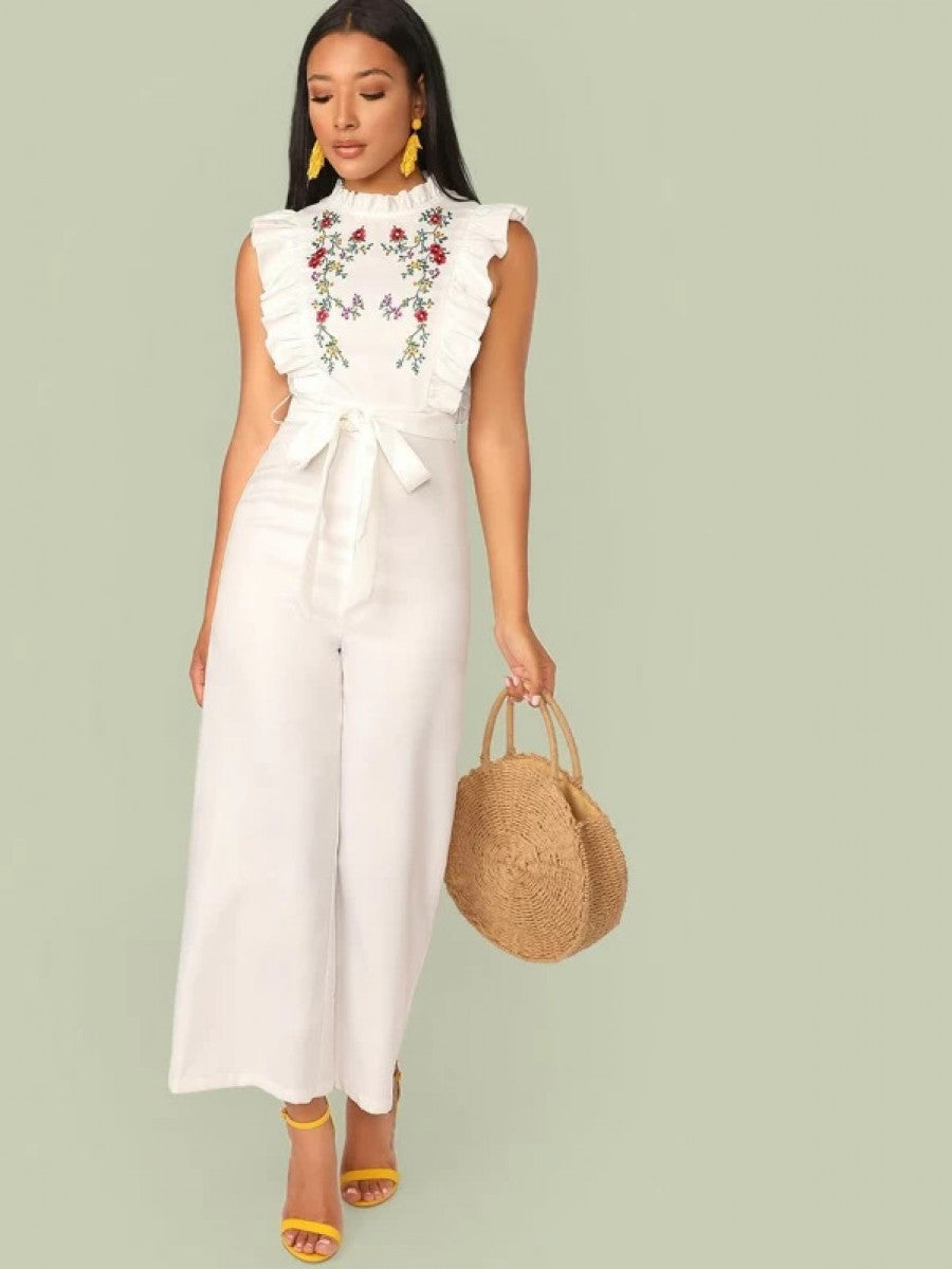 Mock Neck Ruffle Trim Embroidery Belted Palazzo Jumpsuit