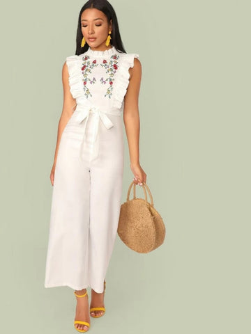 Mock Neck Ruffle Trim Embroidery Belted Palazzo Jumpsuit