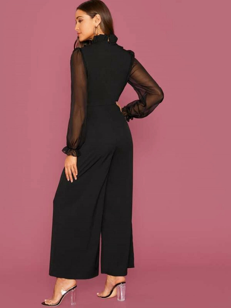 Frill Trim Sheer Sleeve Wide Leg Jumpsuit