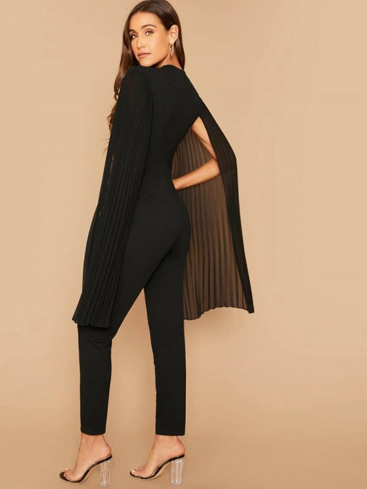 Solid Pleated Cape Jumpsuit